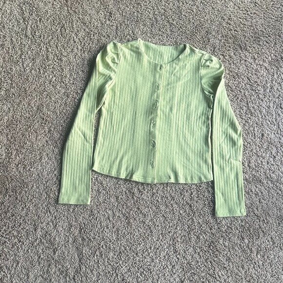 Light Green Fitted Knit Top – Ribbed Button Front – S - Picture 2 of 4